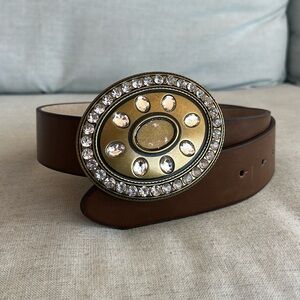 Brown Leather Belt with Gold and Crystal Buckle